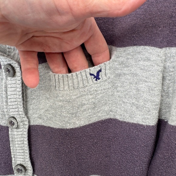 Vintage Y2K AEO Striped Cardigan Sweater Women's M Purple Gray Elbow Patch‎ - Picture 4 of 15